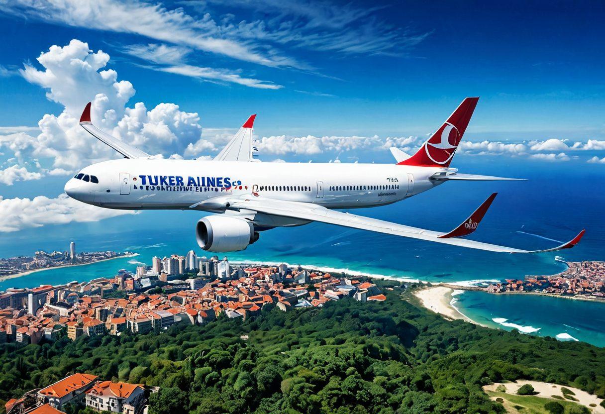 A modern airplane soaring through a bright blue sky, with a Turkish Airlines logo prominently displayed on the aircraft's tail. Below, an aerial view of diverse landscapes showcasing bustling cities, serene beaches, and lush greenery, reflecting various travel destinations. Passengers are joyfully gazing out of the windows, symbolizing travel satisfaction and adventure. The scene is framed by fluffy white clouds, creating a sense of exhilaration and freedom. super-realistic. vibrant colors. clear sky.