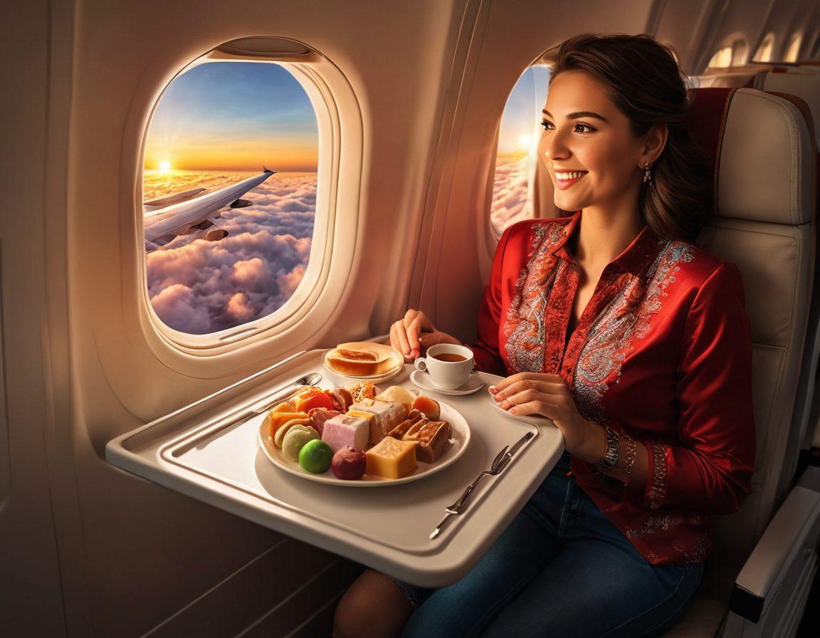 A joyful traveler gazing out of an airplane window, with the sun setting over the clouds, displaying vibrant colors. Inside the cabin, a diverse group of passengers enjoy gourmet meals and entertainment, reflecting the warmth of Turkish hospitality. Include touches of Turkish culture, like decorative motifs and a Turkish delight on the tray. The mood should be uplifting and inspiring. super-realistic. vibrant colors. 3D.