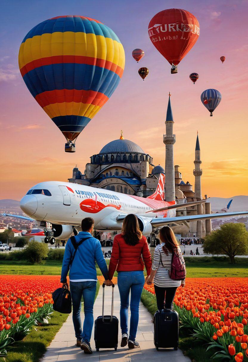 A vibrant scene of a joyful family boarding a Turkish Airlines flight, surrounded by famous Turkish landmarks in the background like the Hagia Sophia and hot air balloons in Cappadocia. The aircraft is painted in bright, cheerful colors, exuding warmth and adventure. There are elements of traditional Turkish culture, like tulips and intricate patterns, adding to the ambiance. The sky is a beautiful gradient of sunset hues. super-realistic. vibrant colors. 3D.